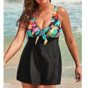 New Swimsuits For All Tie Front Vneck Swimdress Floral Plus Size 18